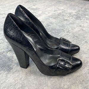 Pura Lopez Croc Embossed Leather Heels Pumps Retro Black Going Out Sz 40